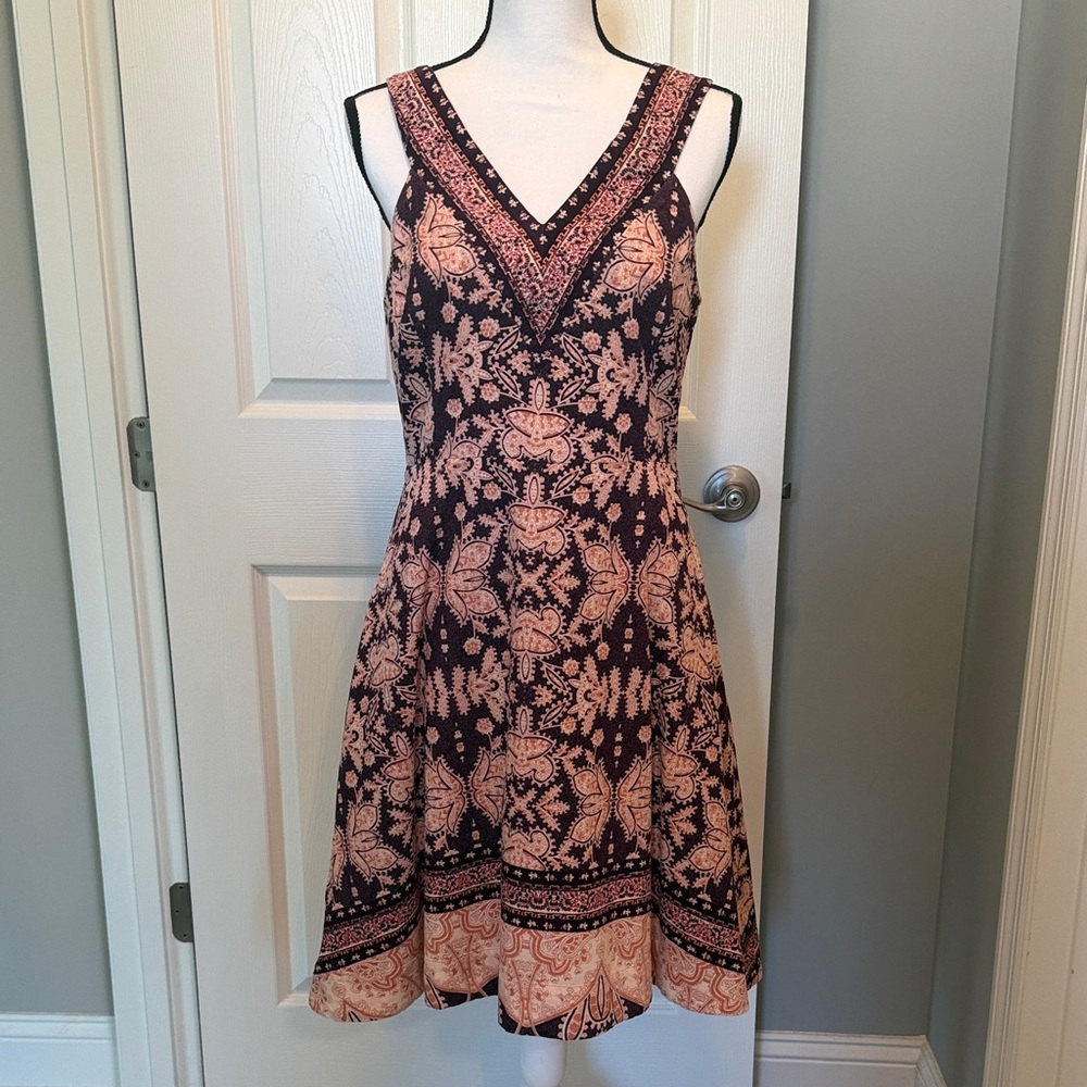Anthropologie Maeve Black and Pink Patterned Mini Dress
